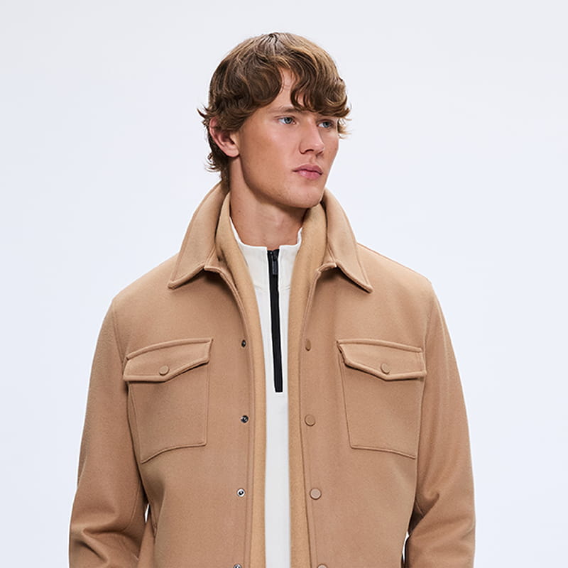 Man wearing beige overshirt jacket with zip knit layer, modern winter gift outfit