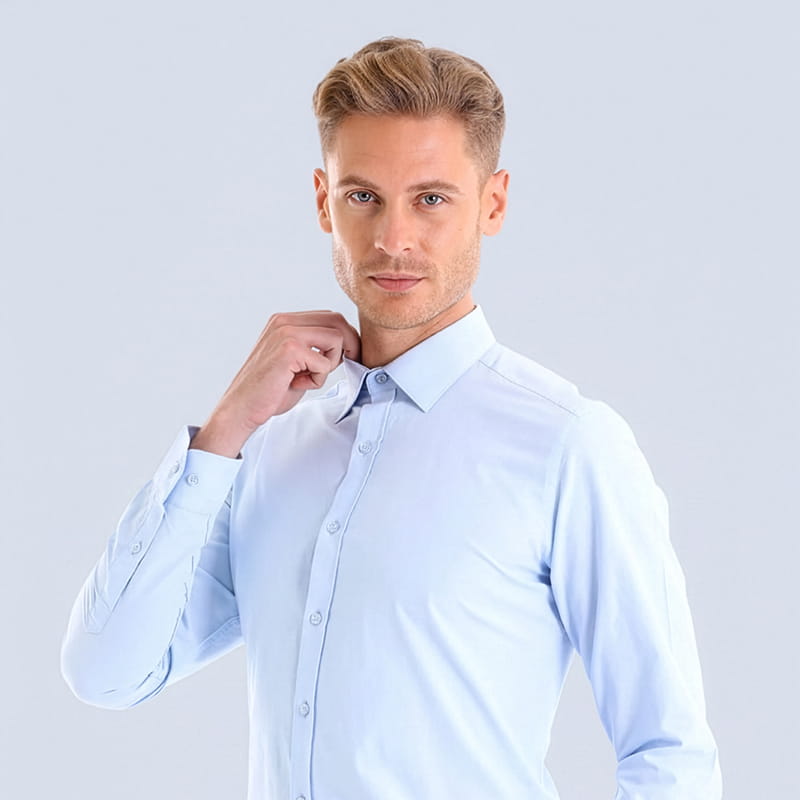 Man wearing light blue dress shirt, classic shirt gift category
