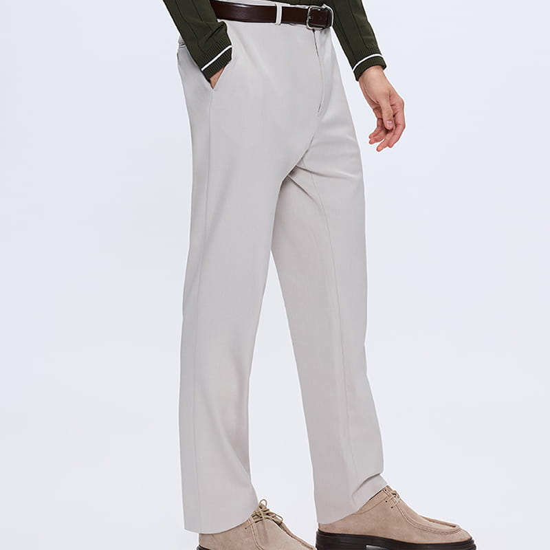 Beige tailored trousers styled with loafers, pants gift category