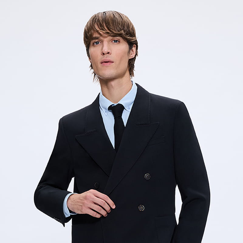 Man wearing double-breasted black suit with tie, gift for him selection