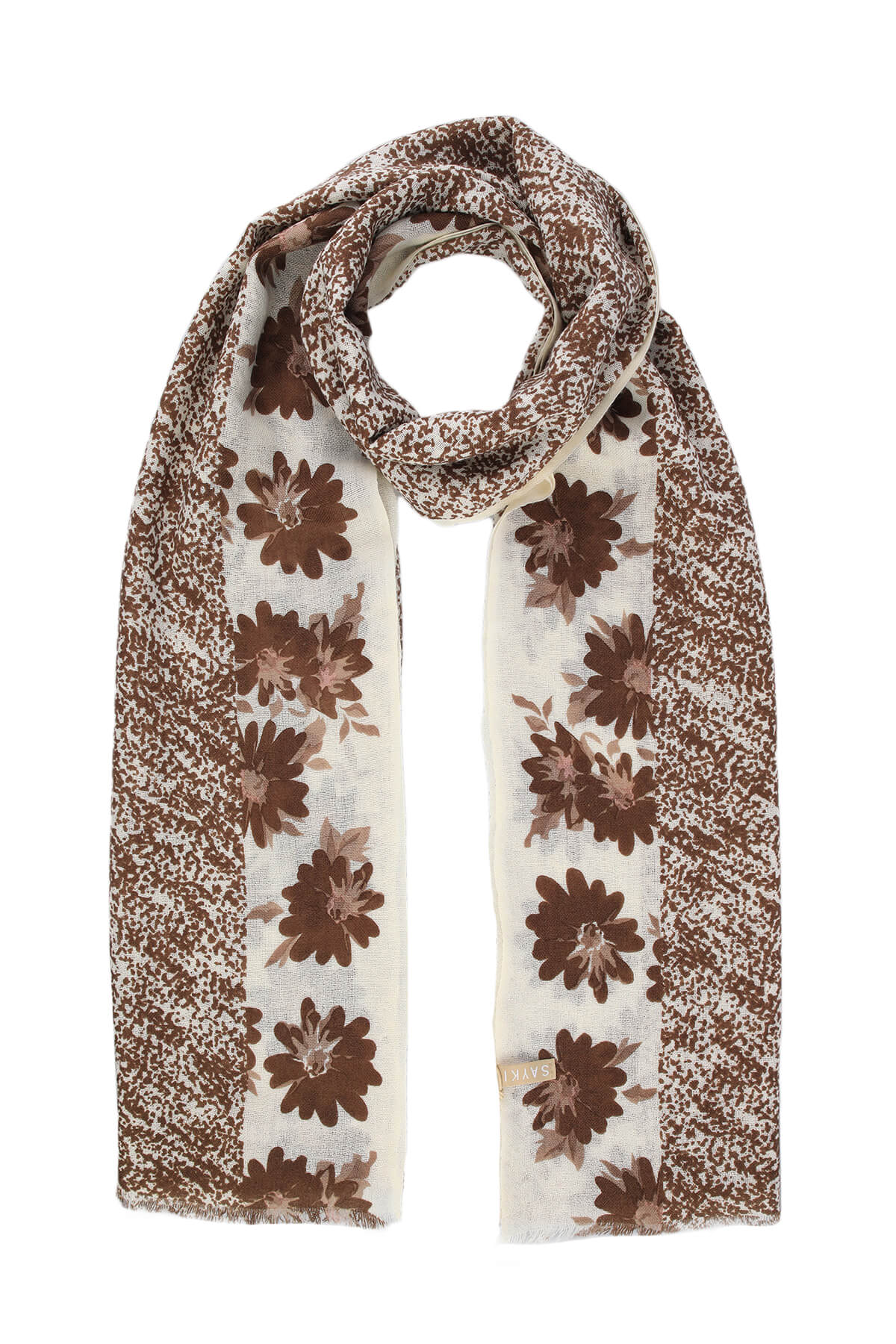 A delicate cream-colored scarf with a floral pattern in shades of brown, featuring speckled borders and soft fabric texture.