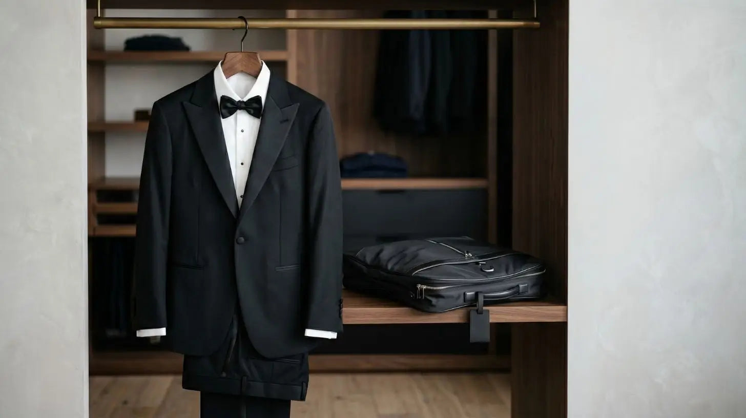 Black tuxedo on a hanger beside a folded rental garment bag, suggesting buy versus rent
