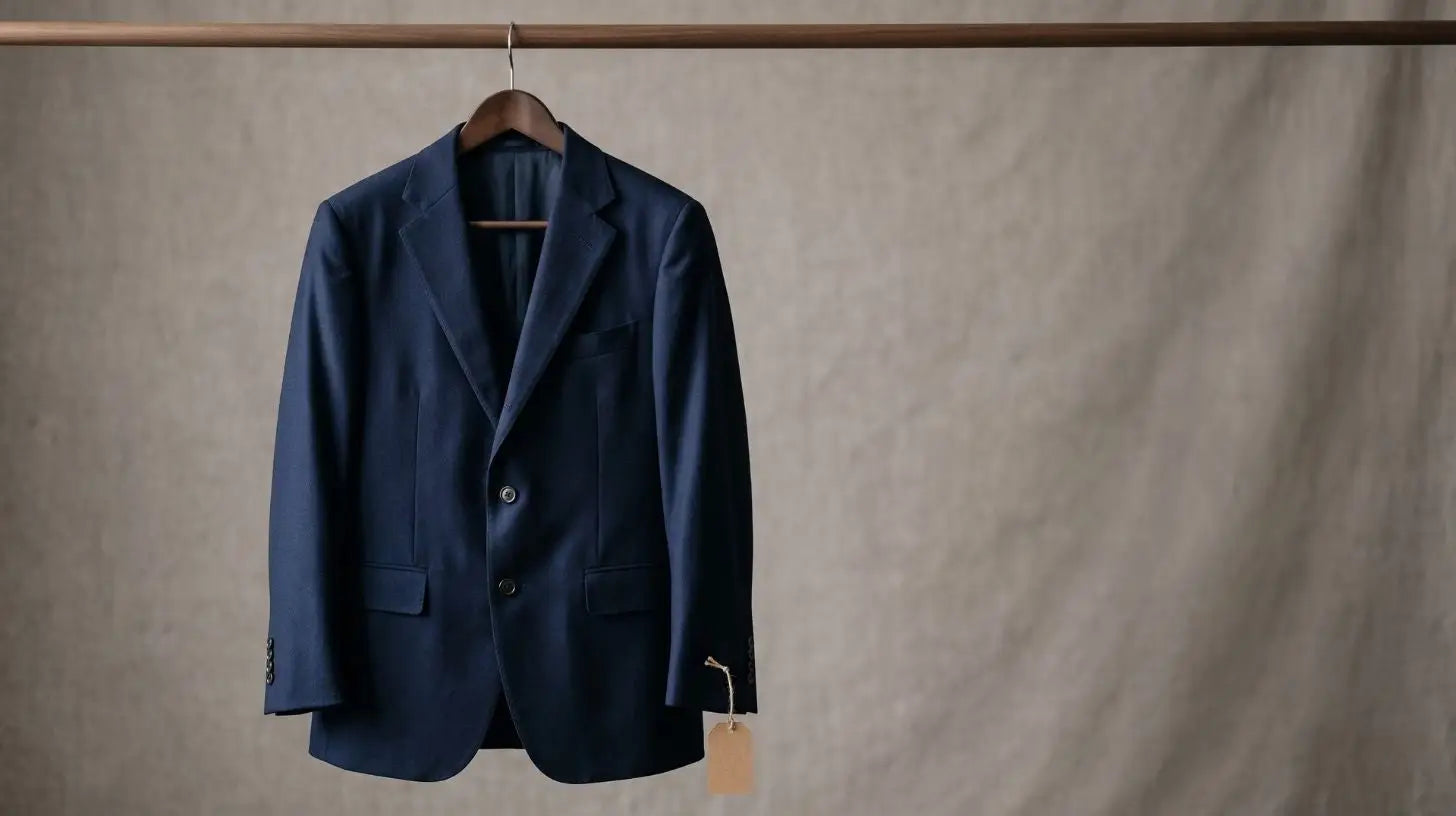 Close detail of a navy wool-blend suit lapel and stitching representing an affordable wedding suit under 200 dollars