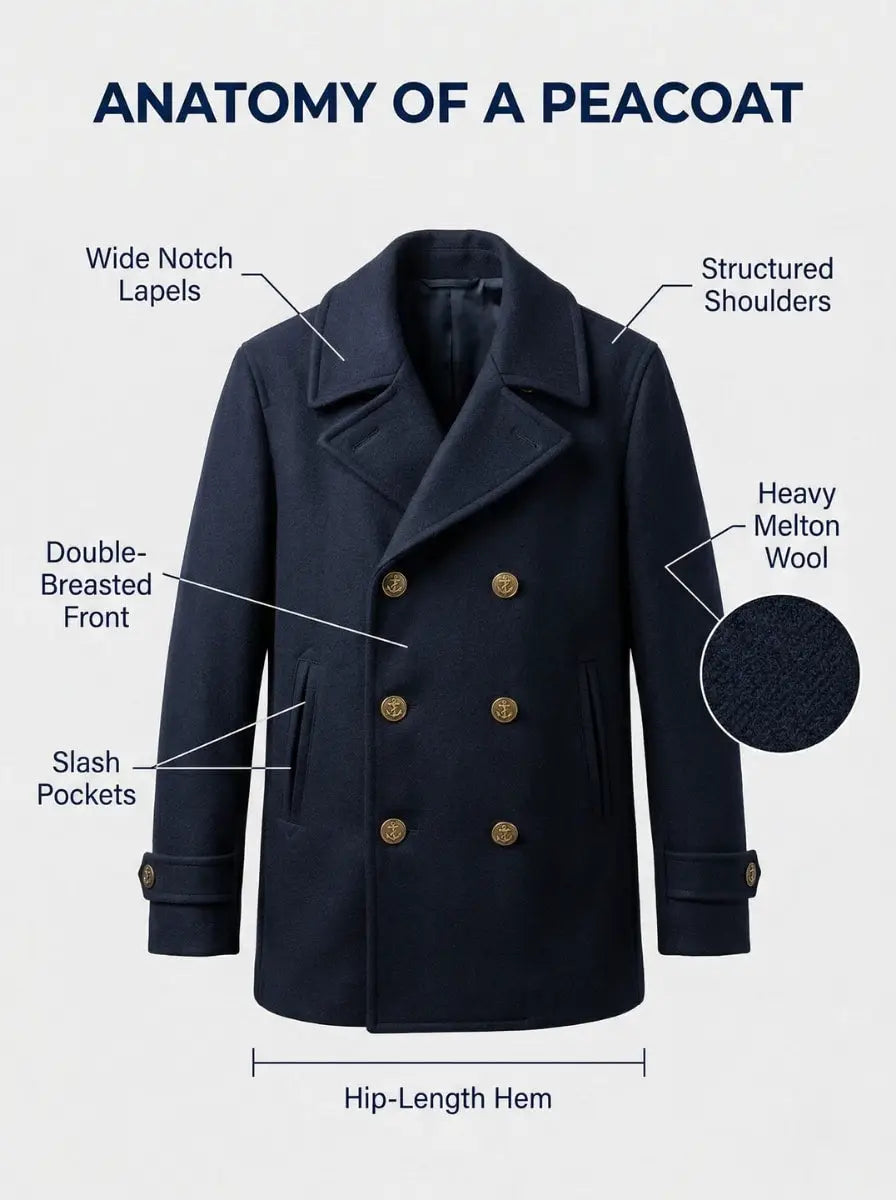 Anatomy of a peacoat diagram showing wide notch lapels, structured shoulders, double-breasted front, slash pockets, hip-length hem, and heavy Melton wool fabric detail