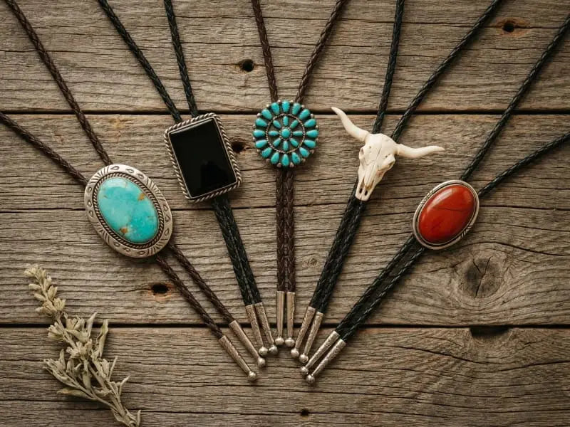 Collection of antique bolo ties featuring Navajo turquoise and silver designs on weathered wood