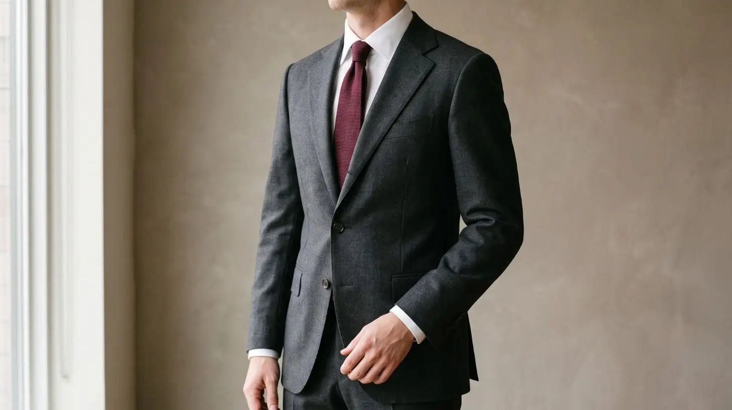 A man wearing a dark charcoal gray two-piece suit with a white dress shirt and a burgundy tie, standing against a textured beige wall.