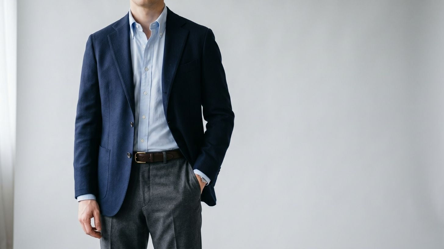 A navy business-casual blazer over a light blue dress shirt with grey trousers, cropped at the chest to show an office-ready look