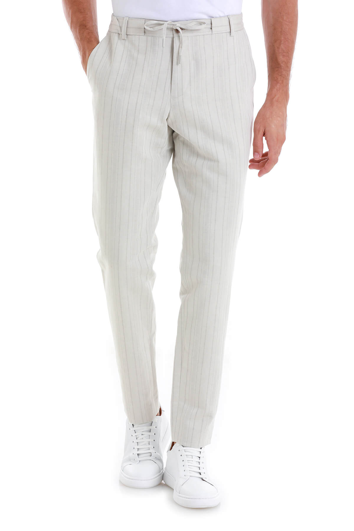 Light gray pinstripe chino pants with a drawstring waistband.