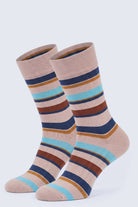 Beige striped socket cotton socks with crew length featuring horizontal navy blue light blue brown and mustard stripes