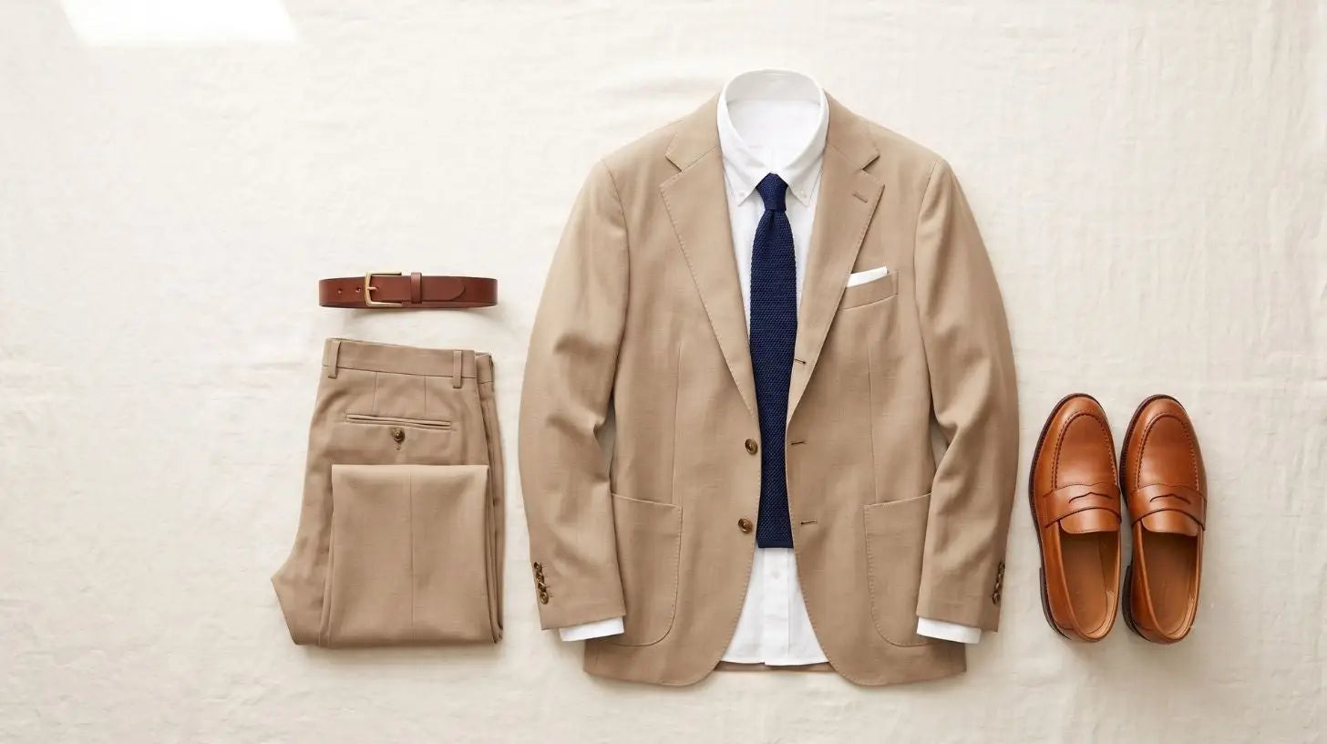 A beige tailored blazer is displayed on a white fabric background, styled with a white dress shirt, navy tie, matching beige trousers, a brown belt, and brown leather loafers.