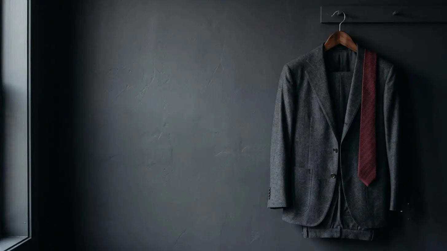 A dark gray textured suit jacket hanging on a wooden hanger against a dark gray wall, styled with a red patterned necktie.