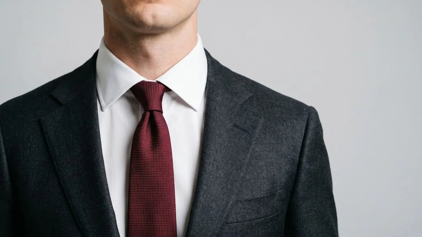 A man wearing a dark gray textured suit jacket, a crisp white dress shirt, and a deep burgundy patterned tie, shown from the chin down against a light gray background.