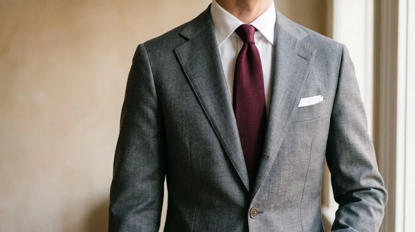 A man wearing a gray suit jacket, white dress shirt, burgundy tie, and white pocket square, shown from the neck down against a softly lit beige background.
