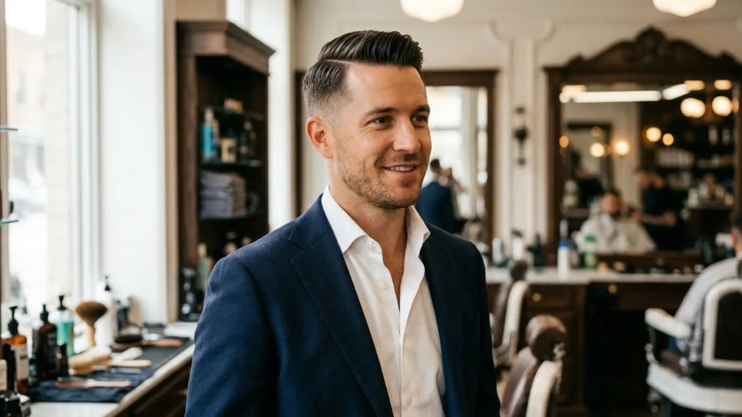 Well-dressed man with a textured side part haircut wearing a navy suit and white dress shirt