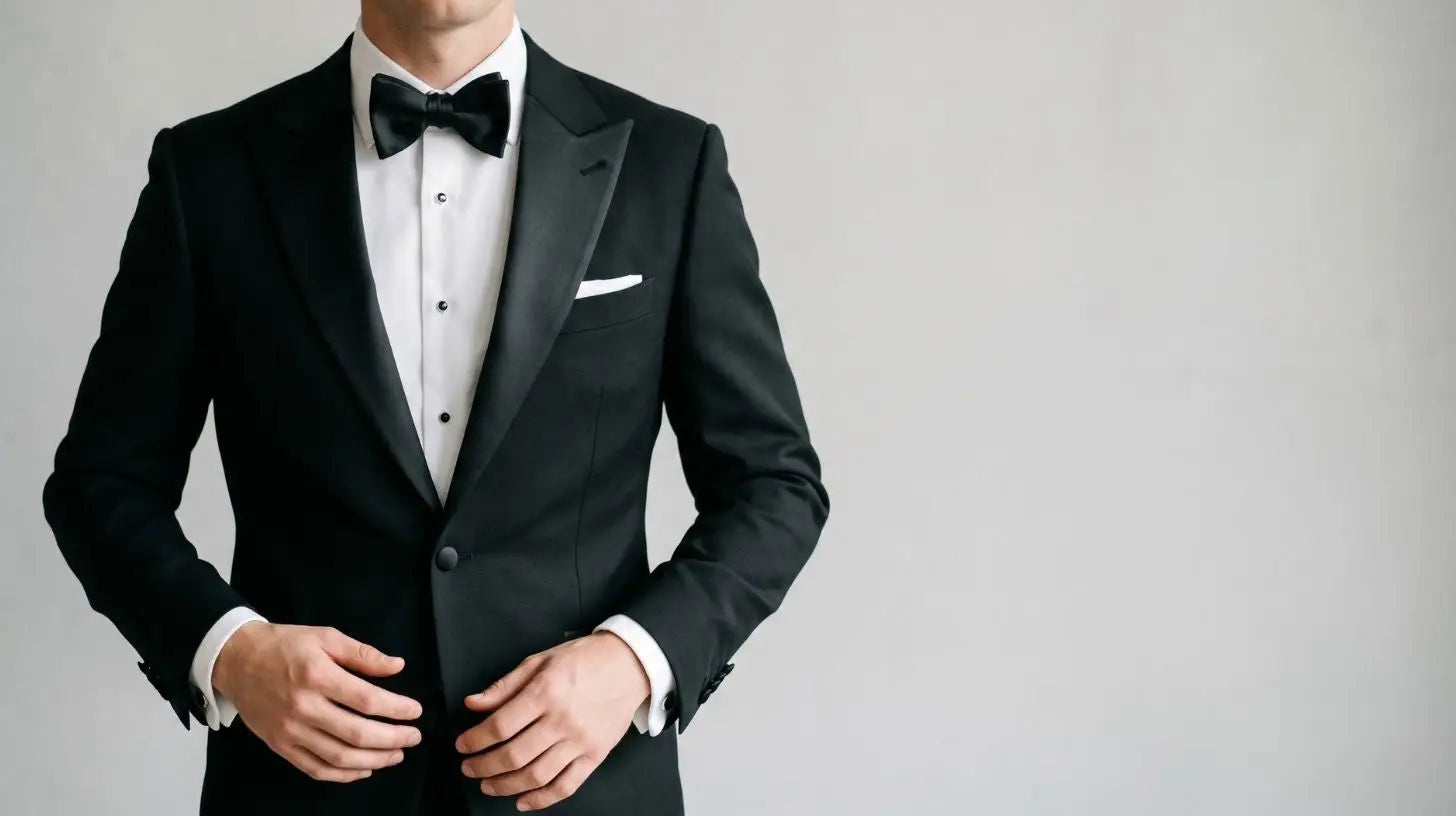 Black satin-lapel tuxedo with a white formal shirt and bow tie, photographed from collarbone to waist on a male model