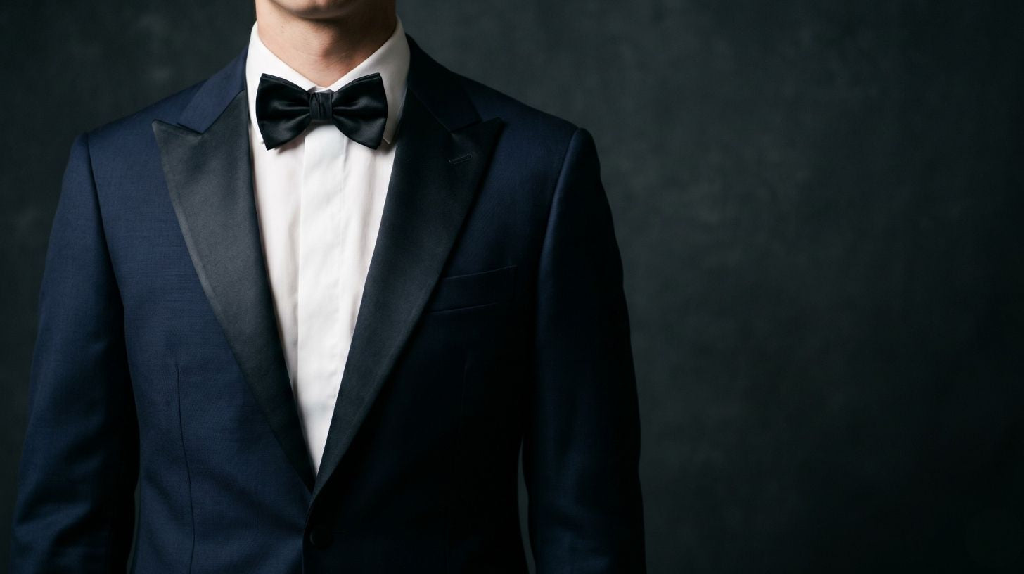 Midnight navy groom tuxedo with satin peak lapels and a white dress shirt, photographed chest-up under low evening light