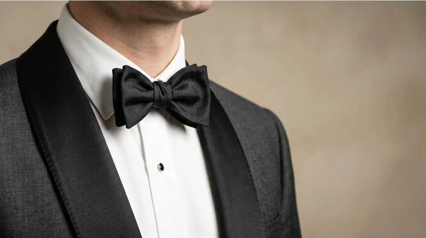 Close-up of a charcoal tuxedo satin shawl lapel and self-tie bow tie showing fabric texture and stitching