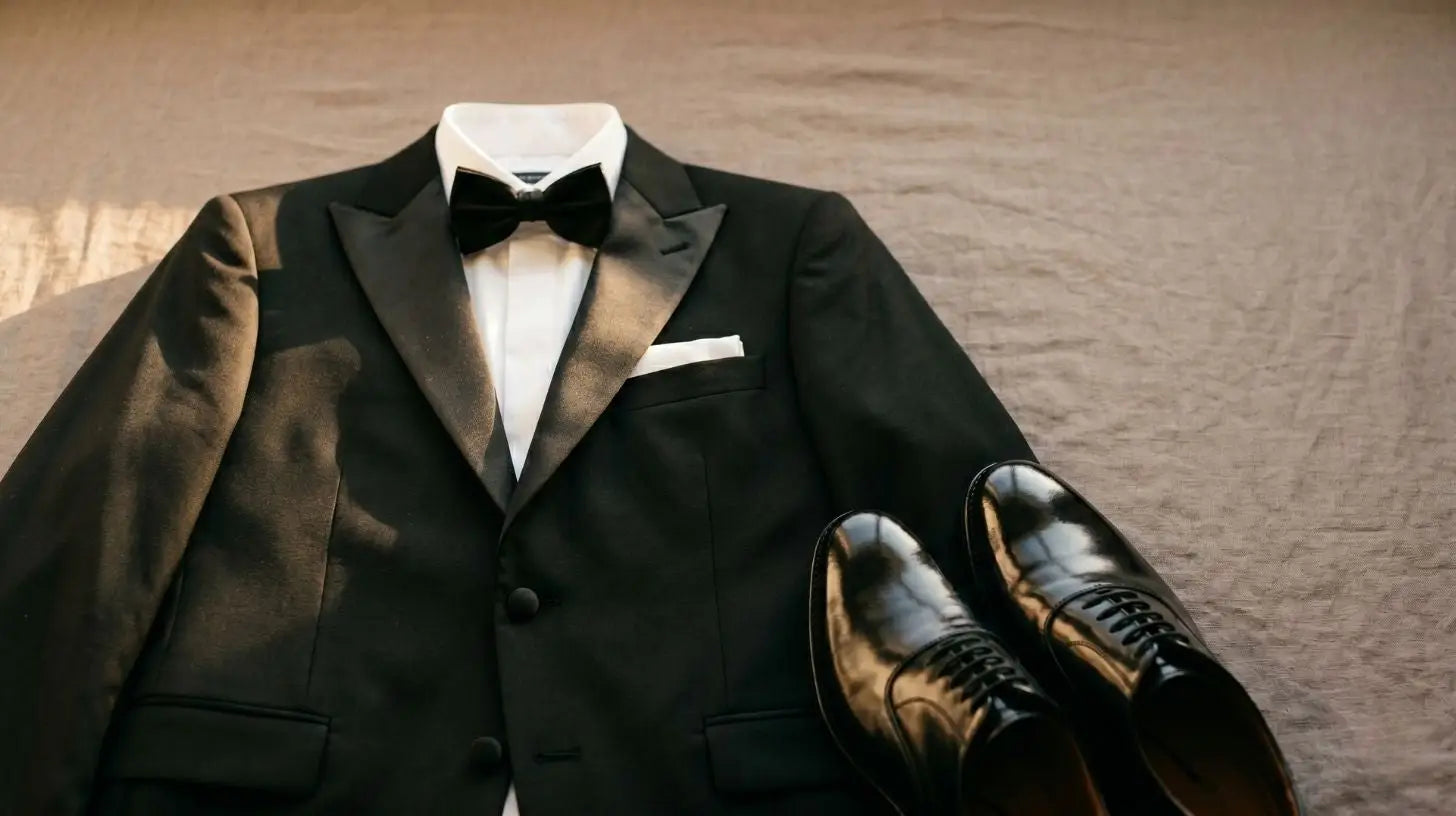 Black prom tuxedo with satin lapels arranged beside a self-tie bow tie and polished black oxford shoes