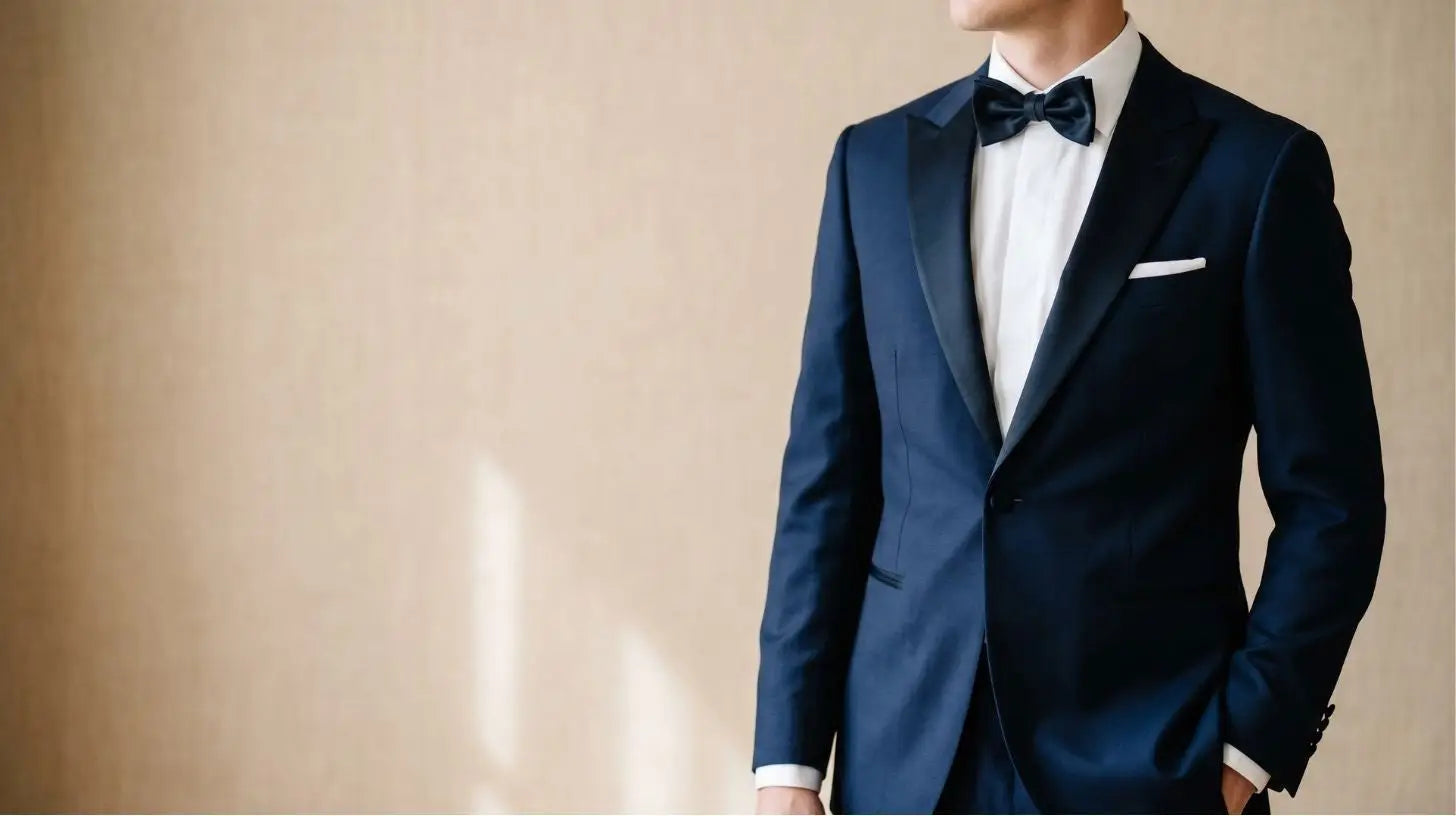 Midnight blue prom tuxedo with satin lapels and a white shirt on a young man in a relaxed three-quarter turn, cropped waist-up