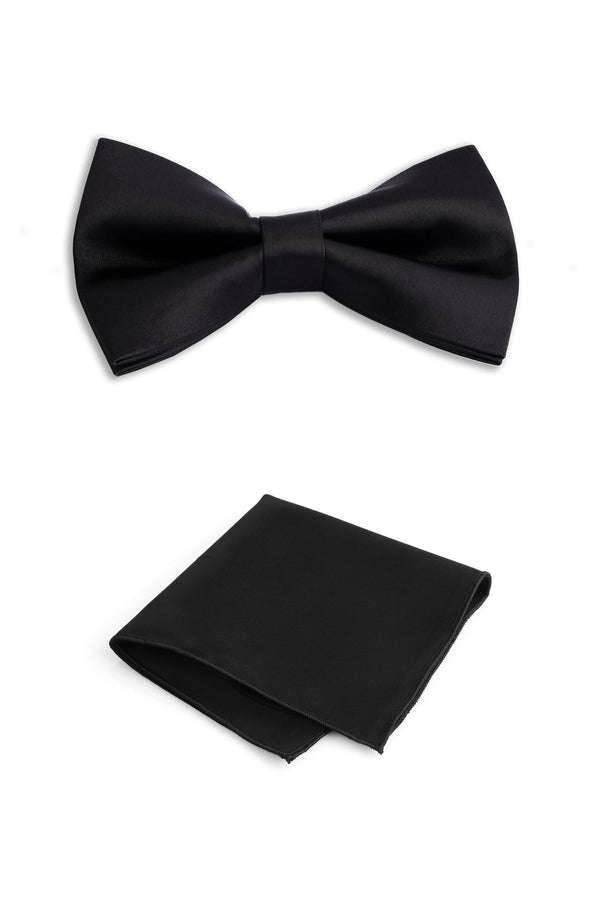 Black classic bow tie with smooth glossy satin finish and matching pocket square set for formal occasions