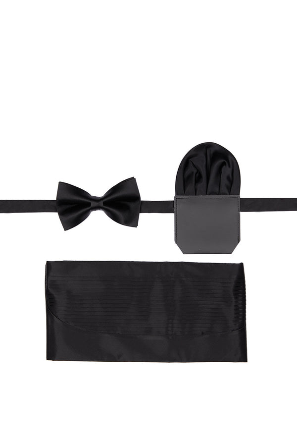 Black satin bow tie cummerbund and pocket square set elegant formal accessory for men