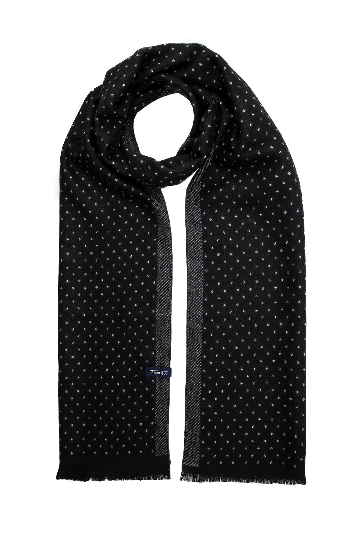 Black scarf with a subtle pattern of small white dots and textured gray side borders.