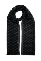 Black scarf with a subtle pattern of small white dots and textured gray side borders.