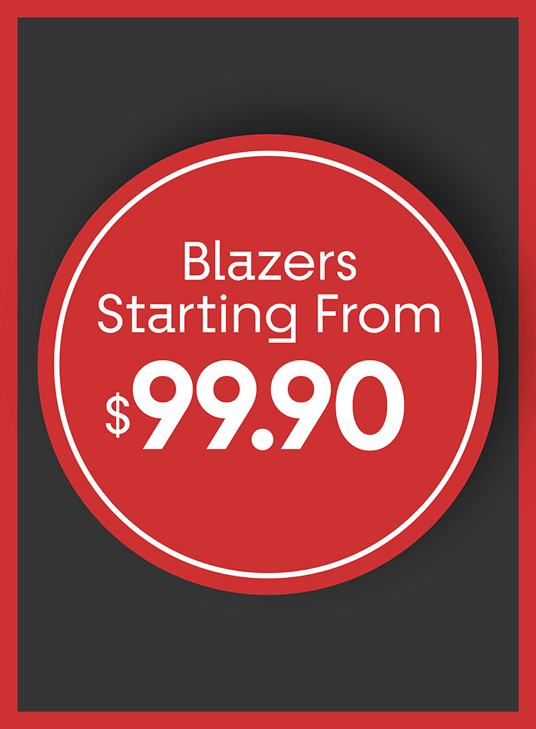 Promotional graphic with 'Blazers Starting From $99.90' text on a red circle against a black background.