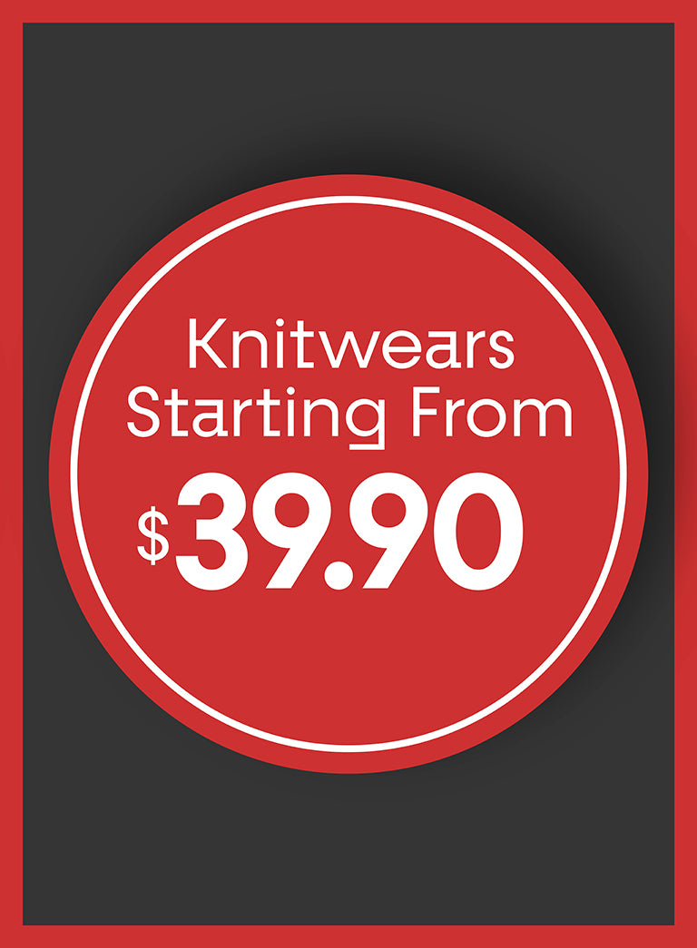 Promotional sign for knitwear starting from $39.90 on a black background with red border.