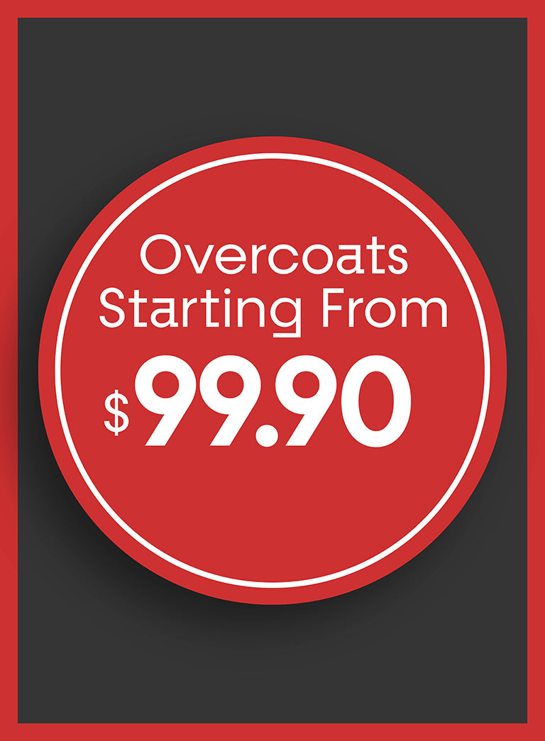 Promotional sign for overcoats starting from $99.90 on a black background