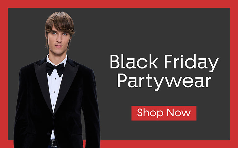 Man in a tuxedo with 'Black Friday Partywear' text and 'Shop Now' button on a red and black background