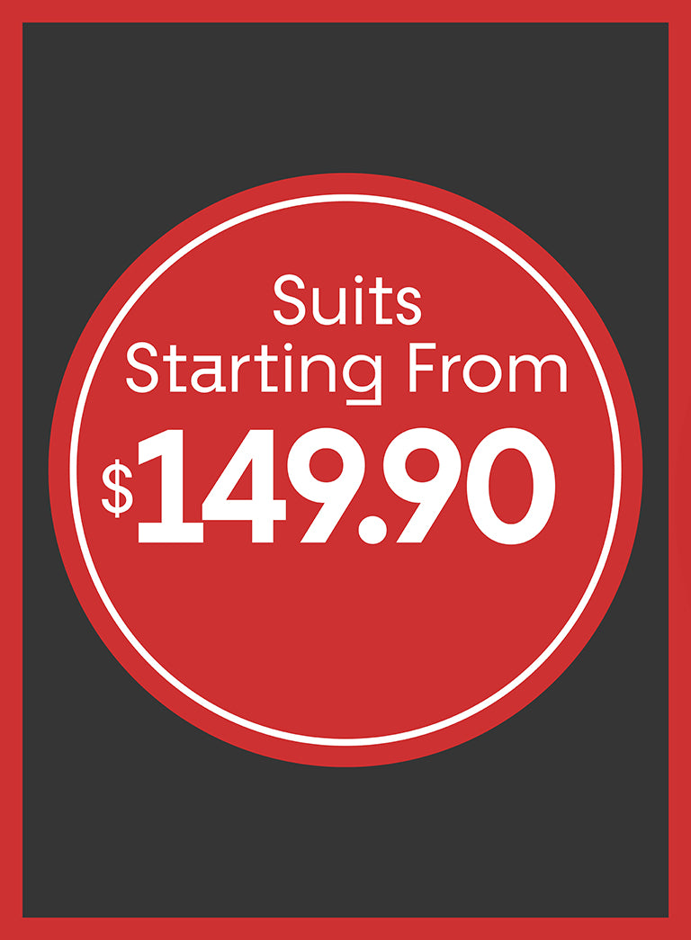 Promotional graphic with 'Suits Starting From $149.90' text on a red circle against a black background.