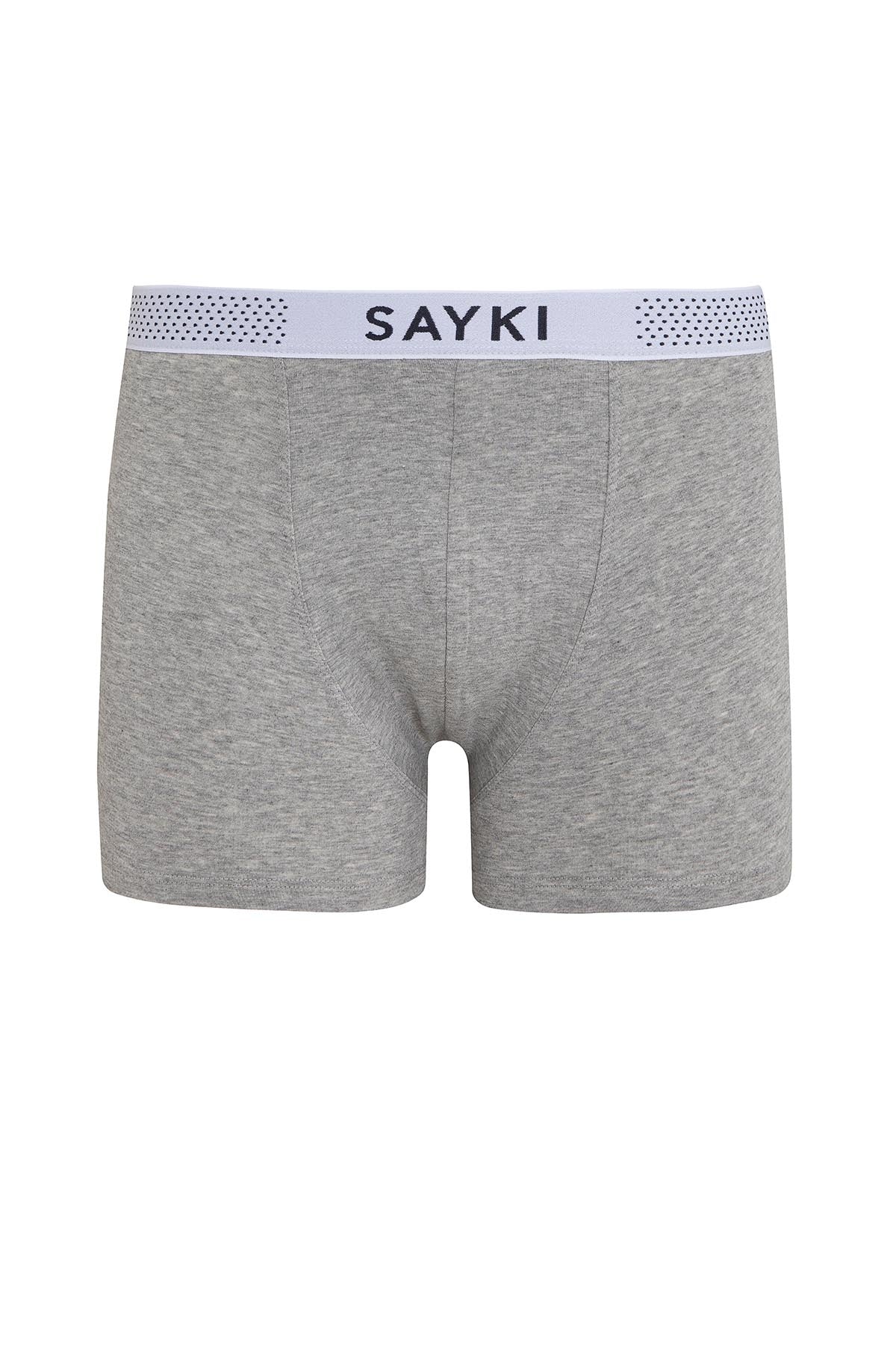 Gray heathered boxer briefs with a white elastic waistband featuring the ’sayki’ brand name in black lettering.