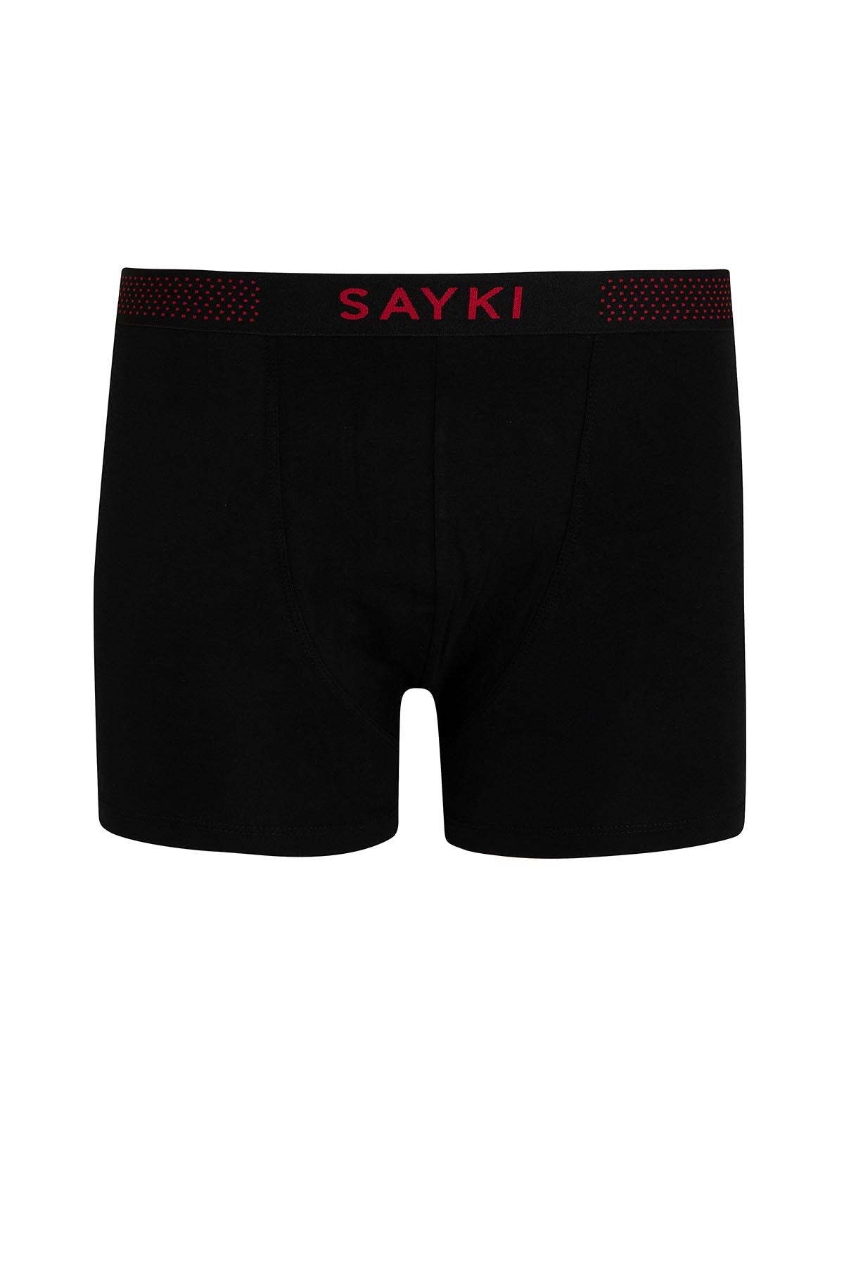 Black sayki boxer briefs with a red logo and dotted trim on the waistband.