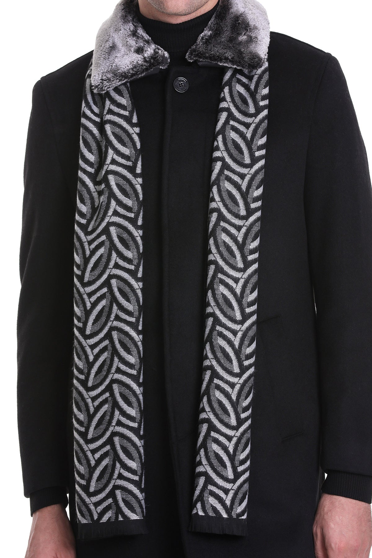 Black and white patterned scarf with a plush, grayish fur-lined collar.