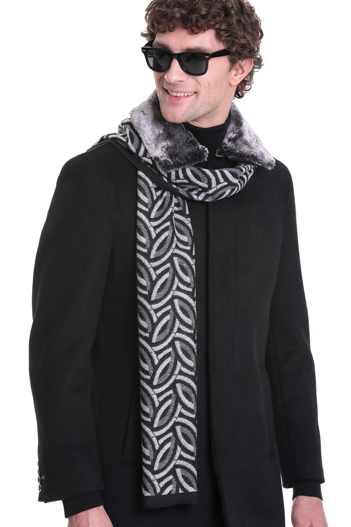 Black and gray patterned scarf with a plush, faux-fur collar.