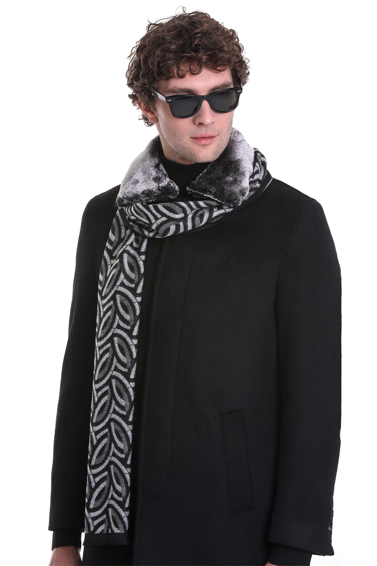 Black and gray patterned scarf with a plush, faux-fur collar.