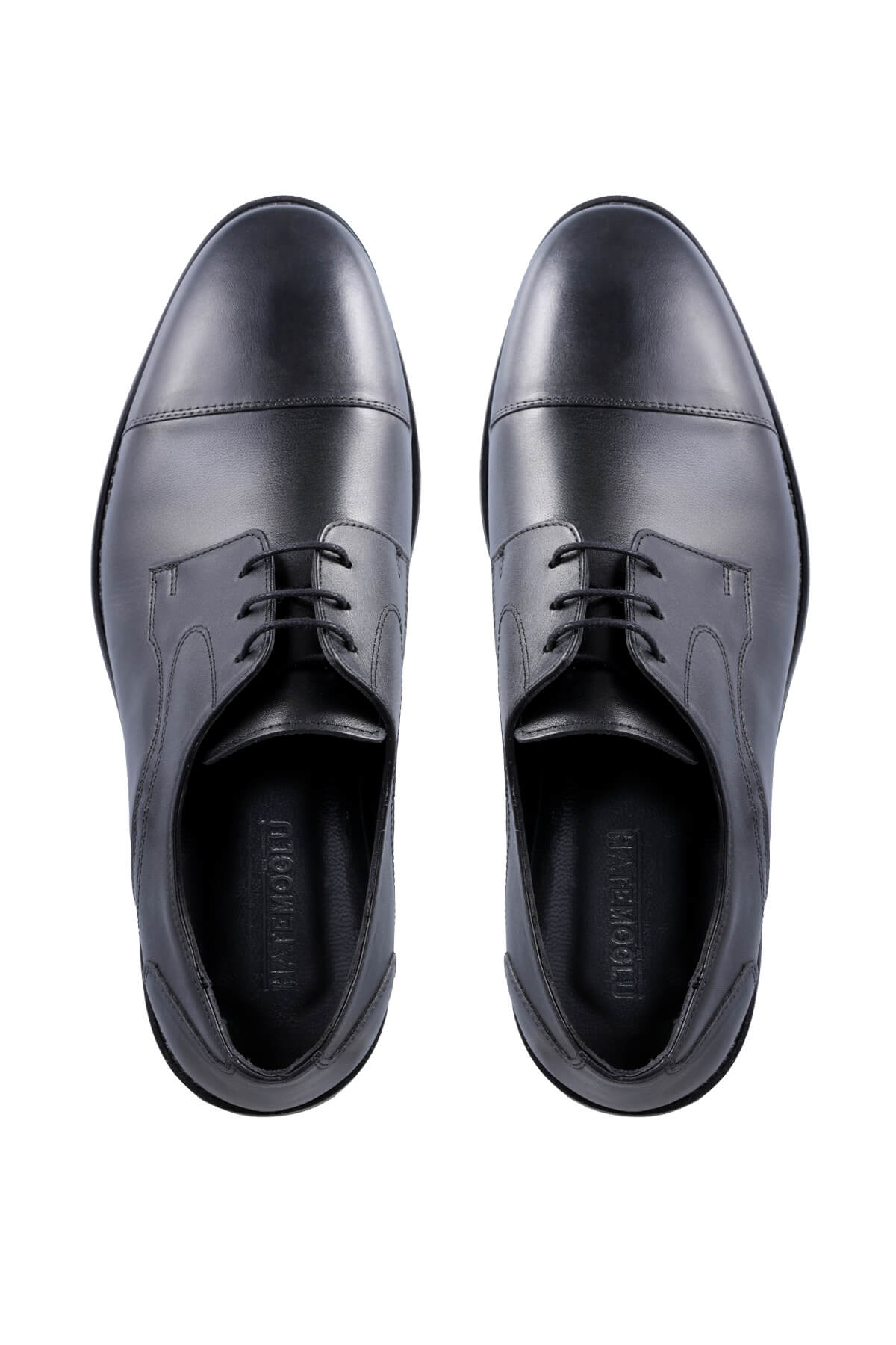 Black leather oxford shoes with a polished finish and classic lace-up design.
