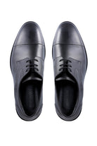 Black leather oxford shoes with a polished finish and classic lace-up design.