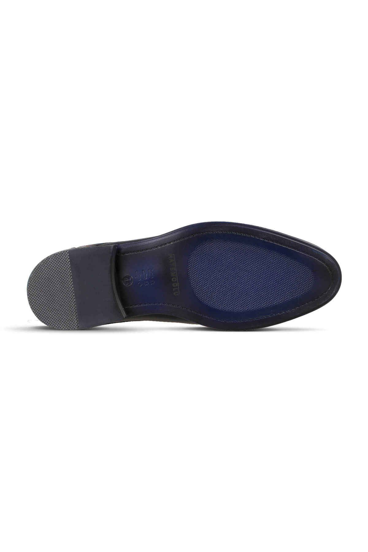 Black leather men’s dress shoe with a navy blue textured insole and rubber heel.