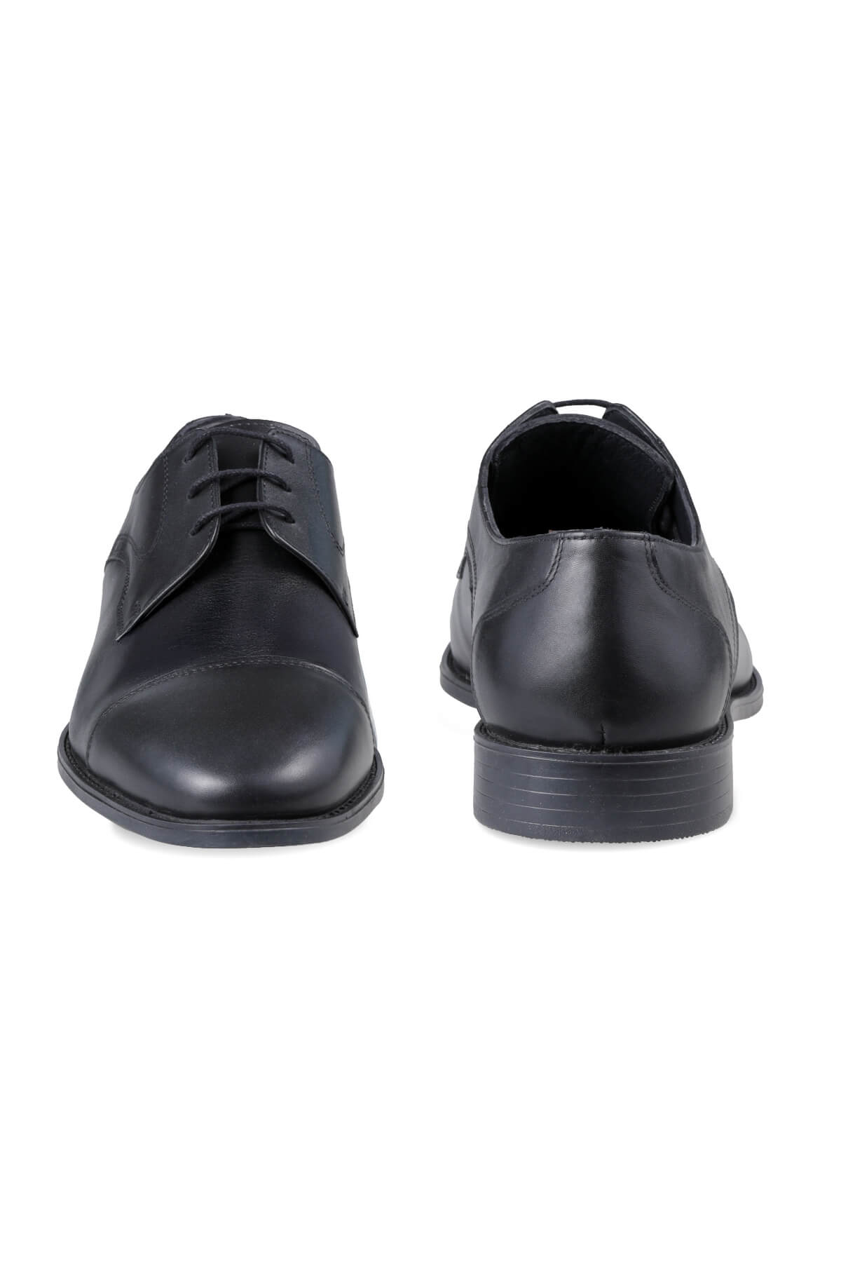 Black leather dress shoes with a classic cap-toe design and laces.