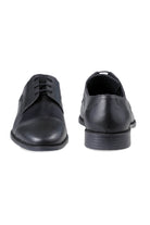 Black leather dress shoes with a classic cap-toe design and laces.