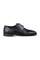 Black leather lace-up dress shoe with a cap toe and classic oxford design.