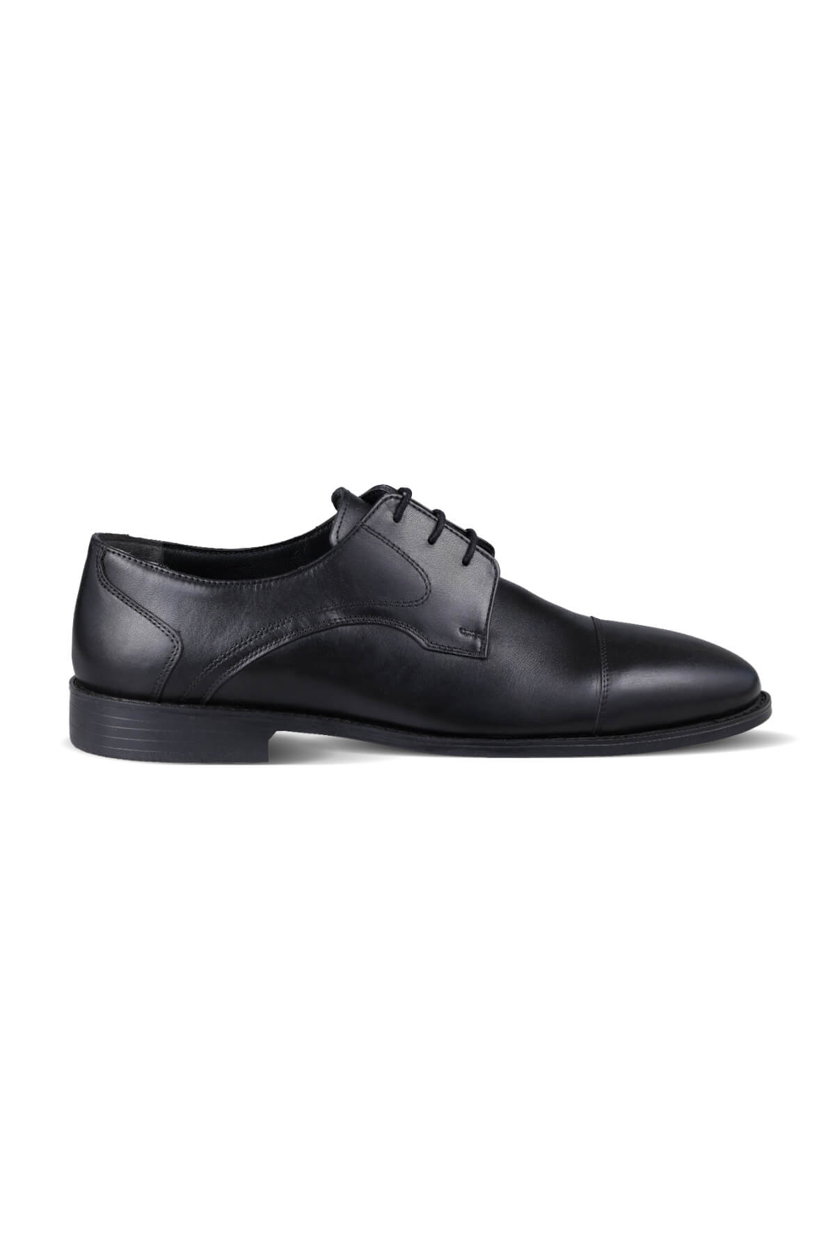 Black leather lace-up dress shoe with a cap toe and classic oxford design.