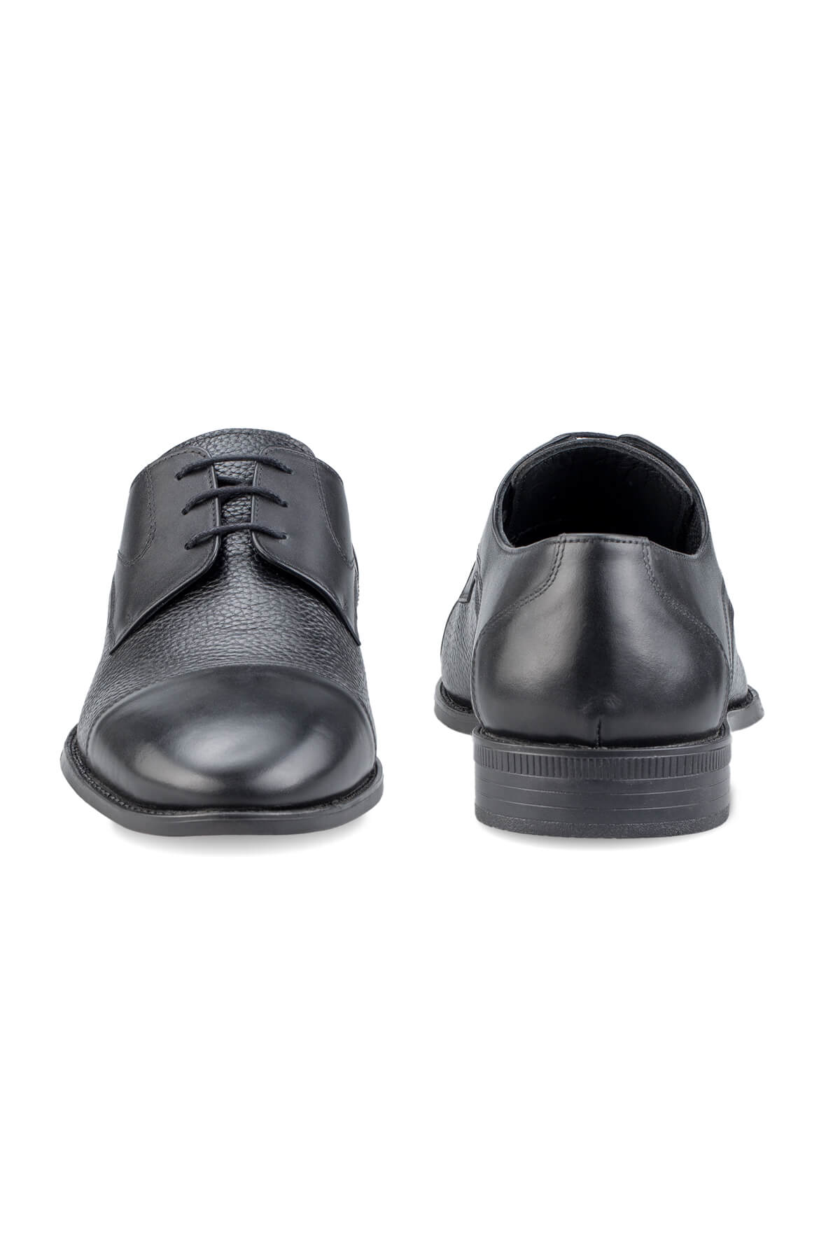 Black leather dress shoes with a polished toe cap and laces.