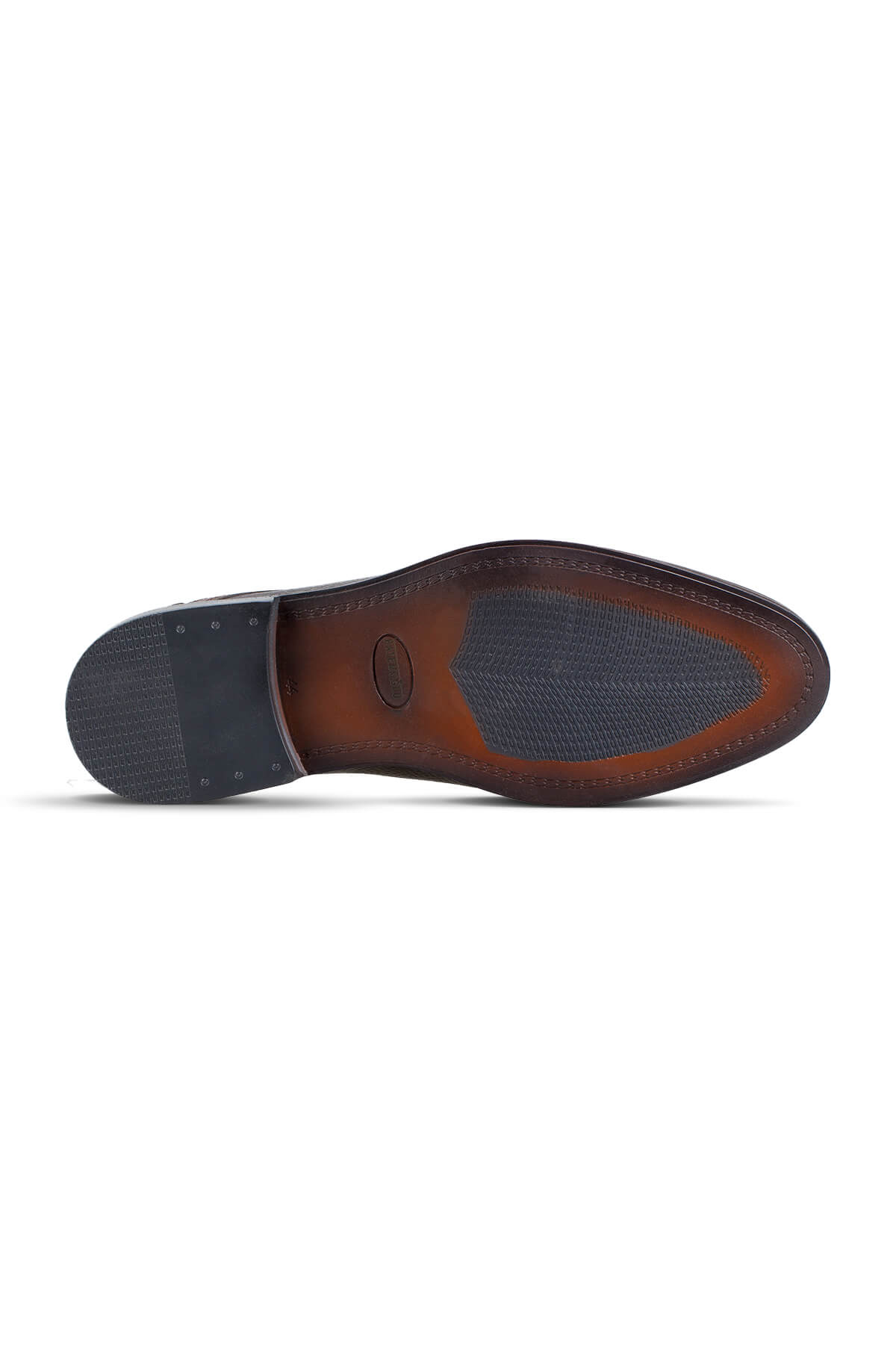 Brown leather shoe sole with a textured dark gray rubber outsole and visible stitching along the edges.