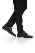 Black leather dress shoes with a polished finish and subtle perforated detailing on the toe cap.