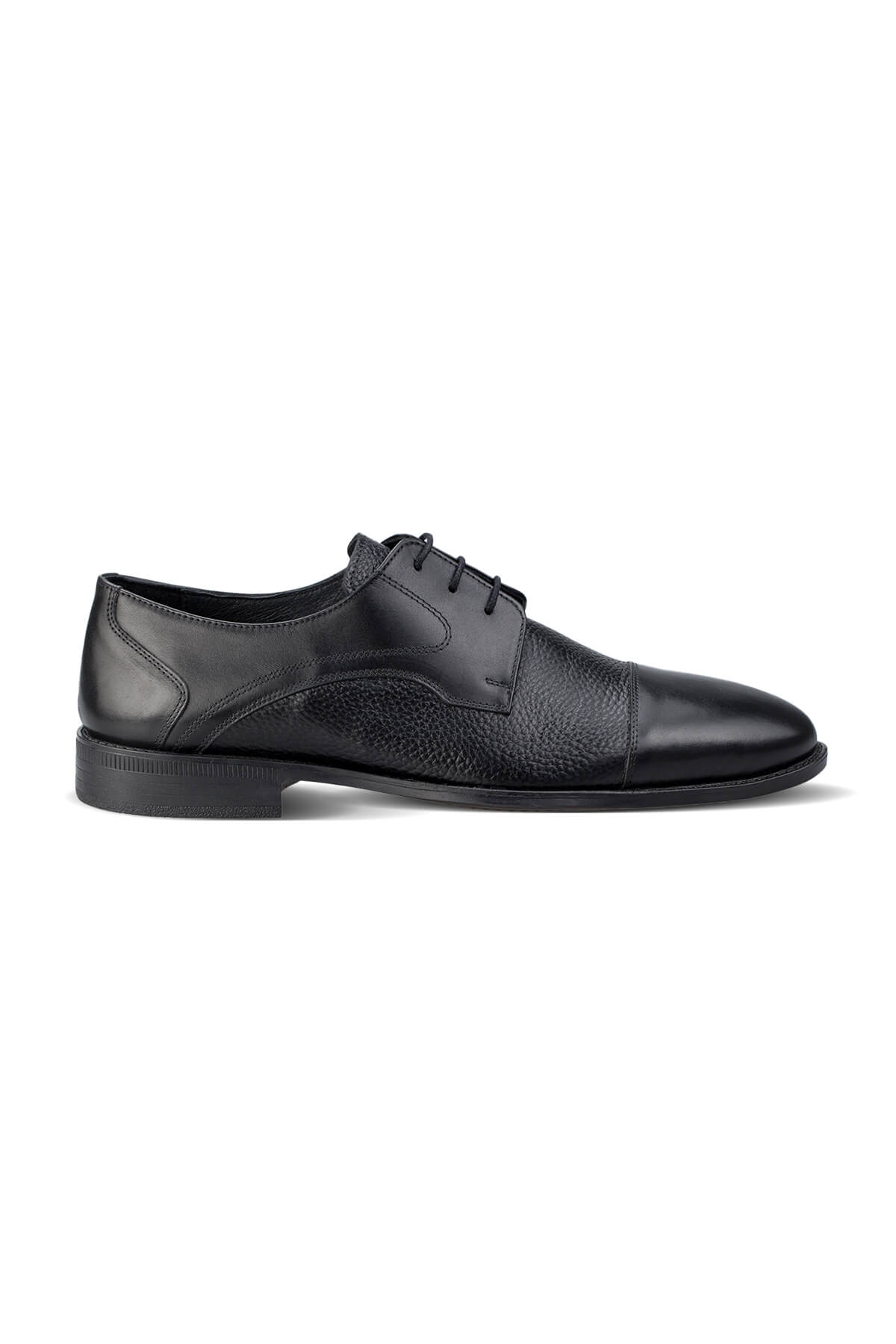 Black leather dress shoe with a textured toe cap and smooth upper.