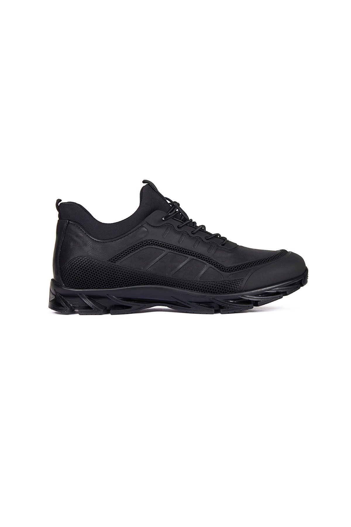 Black athletic sneaker with a sleek, modern design featuring mesh and synthetic overlays.