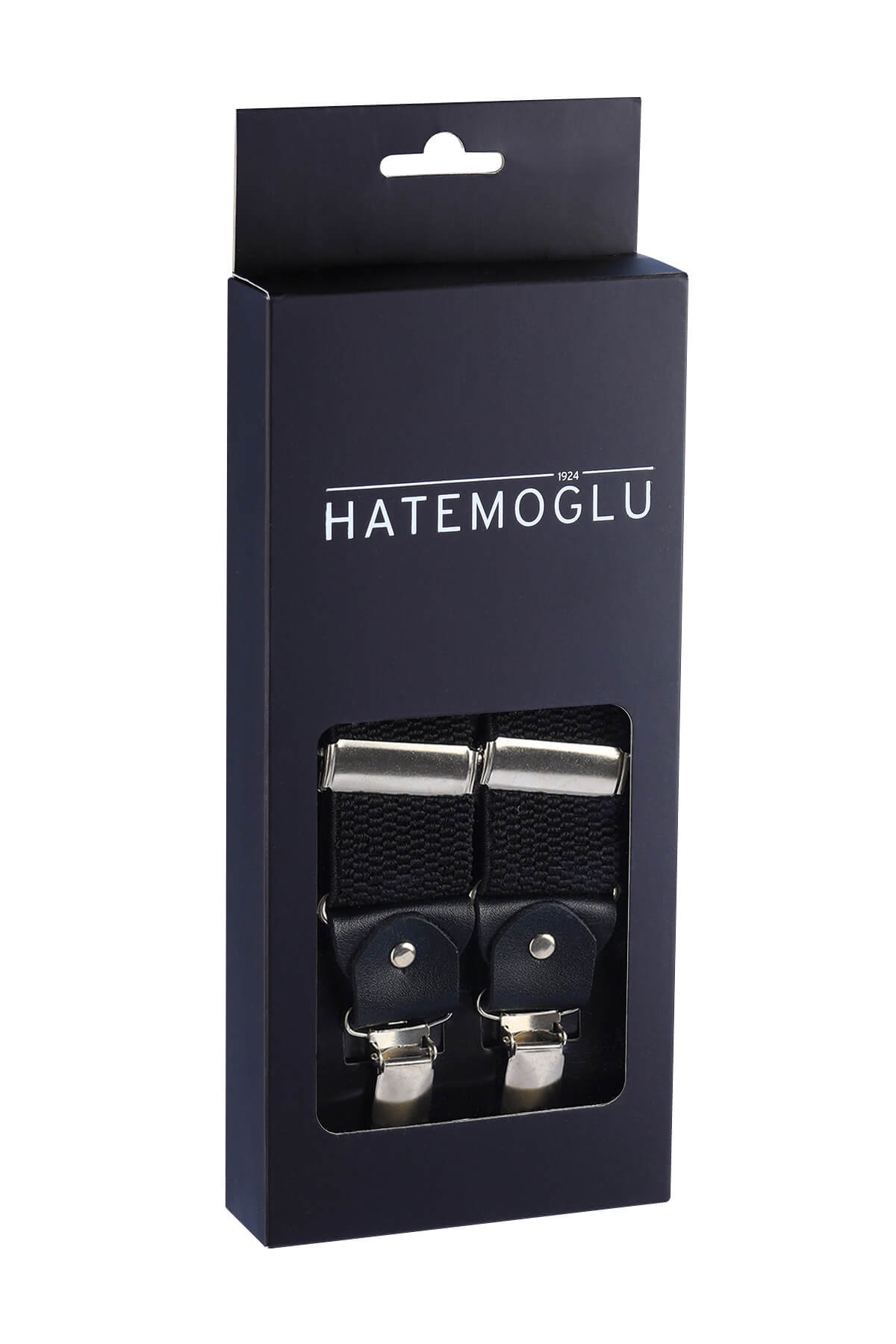 Black leather trim clip suspenders with black hatemoglu suspenders, silver metal clasps, and leather-like adjuster straps